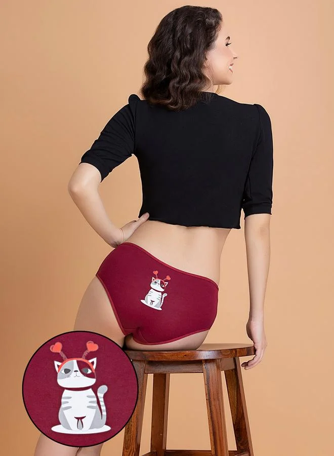 Clovia Mid Waist Kitty Print Hipster Panty - Cotton
