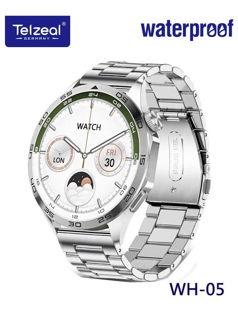 WH-05 Waterproof Smart Watch With Max Screen 3 Pair Straps and Wireless Charger Designed for Men Silver