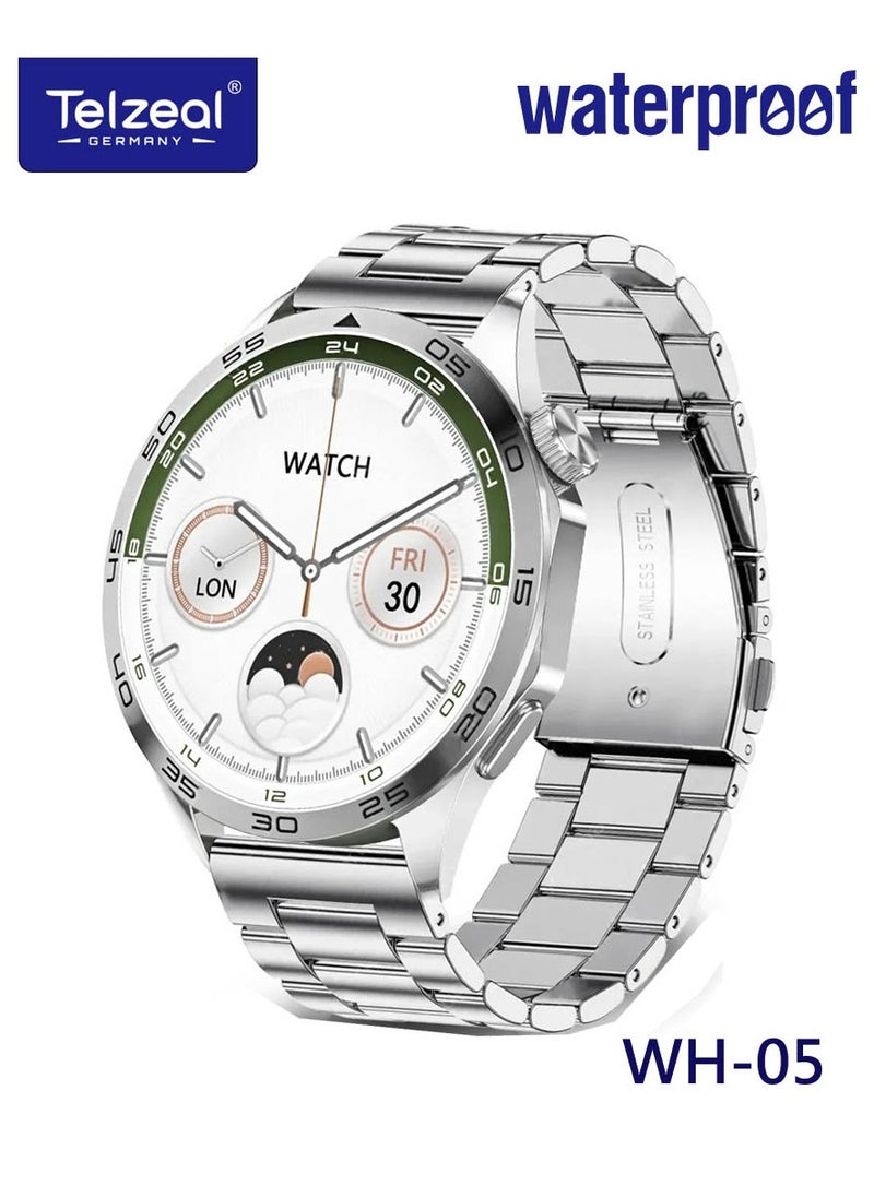 Telzeal - WH-05 Waterproof Smart Watch With Max Screen 3 Pair Straps and Wireless Charger Designed for Men Silver - Image 1