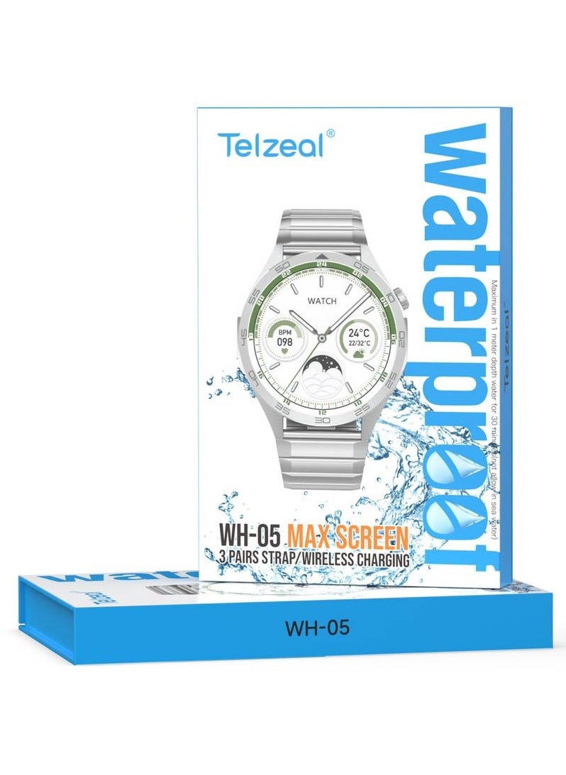 Telzeal - WH-05 Waterproof Smart Watch With Max Screen 3 Pair Straps and Wireless Charger Designed for Men Silver - Image 1