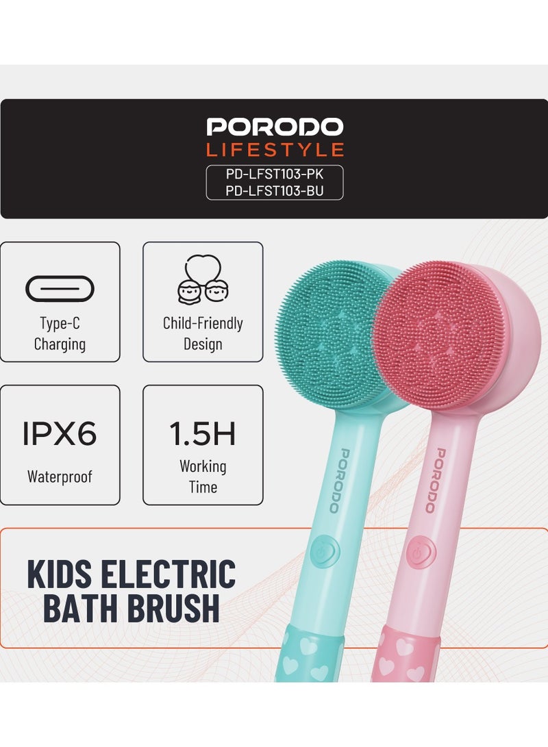 porodo Kids Electric Bath Brush /Child Friendly/ Soft Silicone Brush for boys /Soft Loofah Cleanser / Soft Bristle Brush/Kid-Friendly Bath Brush For Little Hands and Gentle Scrubbing - Blue - Image 3