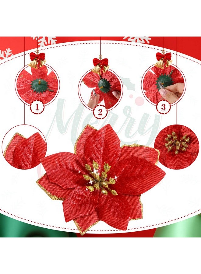 WILLBOND WILLBOND 24 Pieces 3 Size Christmas Glitter Poinsettia Flowers Wedding Faux Flowers Christmas Decoration Ornaments for Tree Outdoor(4/6/7.9 Inches,Red)  - Image 3