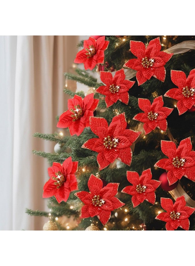 WILLBOND WILLBOND 24 Pieces 3 Size Christmas Glitter Poinsettia Flowers Wedding Faux Flowers Christmas Decoration Ornaments for Tree Outdoor(4/6/7.9 Inches,Red)  - Image 5
