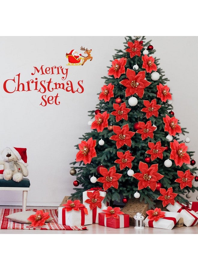 WILLBOND WILLBOND 24 Pieces 3 Size Christmas Glitter Poinsettia Flowers Wedding Faux Flowers Christmas Decoration Ornaments for Tree Outdoor(4/6/7.9 Inches,Red)  - Image 4