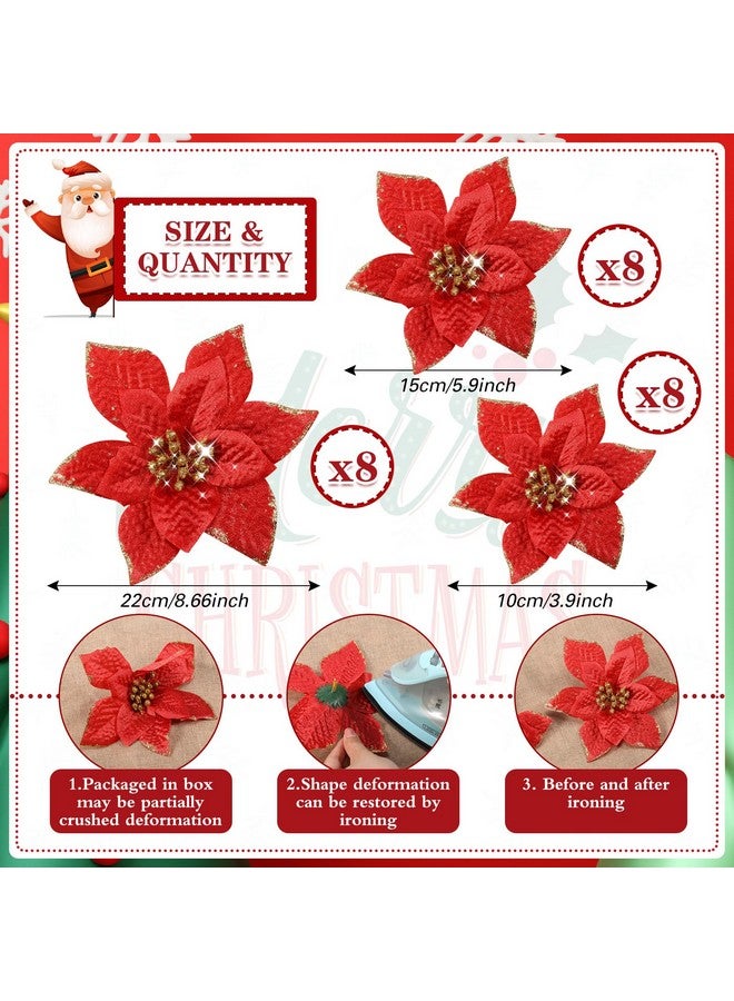 WILLBOND WILLBOND 24 Pieces 3 Size Christmas Glitter Poinsettia Flowers Wedding Faux Flowers Christmas Decoration Ornaments for Tree Outdoor(4/6/7.9 Inches,Red)  - Image 2