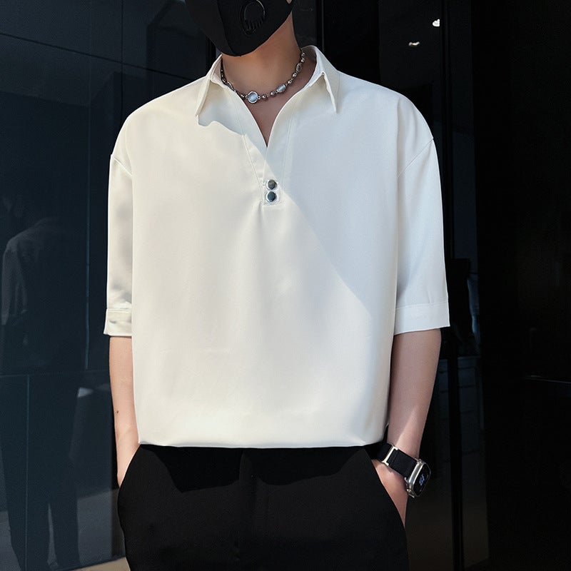 Men'S T-Shirt Short-Sleeved High-End Ice Silk V-Neck Top Men'S Summer Half-Sleeved White T-Shirt - Image 1