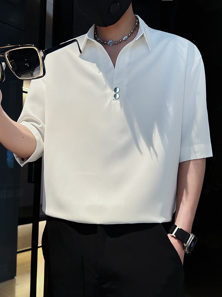 Men'S T-Shirt Short-Sleeved High-End Ice Silk V-Neck Top Men'S Summer Half-Sleeved White T-Shirt - Image 3