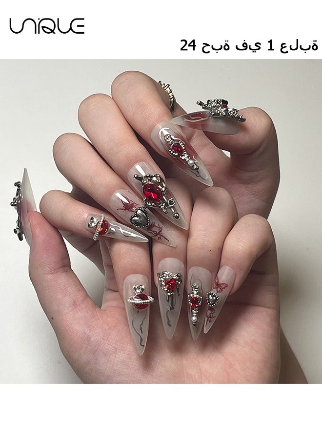 Unique 24Pcs Fake Nails - Long Almond Manicure - Red Diamond Peach Heart Manicure - Butterfly Pattern Manicure - Fake Nail Patch - Image 1