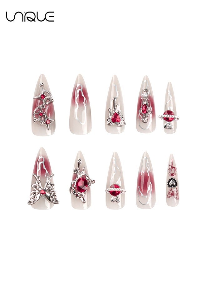 Unique 24Pcs Fake Nails - Long Almond Manicure - Red Diamond Peach Heart Manicure - Butterfly Pattern Manicure - Fake Nail Patch - Image 5