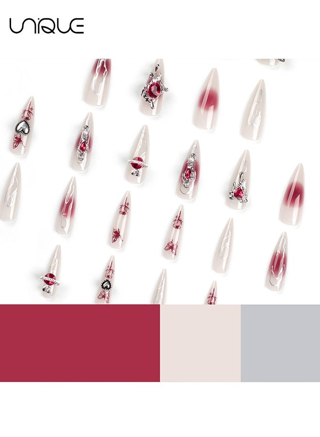 Unique 24Pcs Fake Nails - Long Almond Manicure - Red Diamond Peach Heart Manicure - Butterfly Pattern Manicure - Fake Nail Patch - Image 2