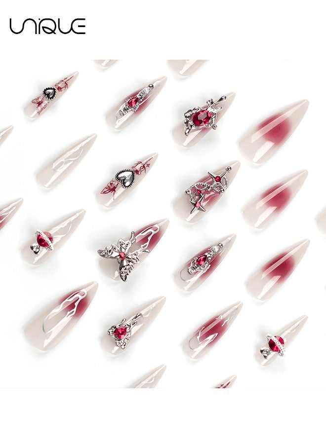 Unique 24Pcs Fake Nails - Long Almond Manicure - Red Diamond Peach Heart Manicure - Butterfly Pattern Manicure - Fake Nail Patch - Image 3