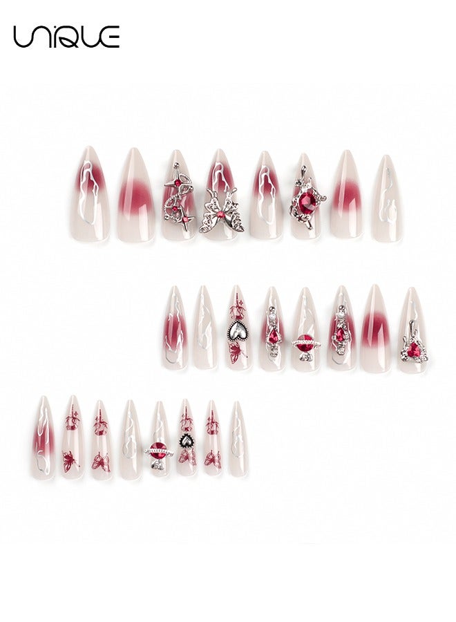 Unique 24Pcs Fake Nails - Long Almond Manicure - Red Diamond Peach Heart Manicure - Butterfly Pattern Manicure - Fake Nail Patch - Image 4