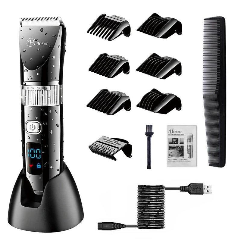 Hatteker Kingbox Professional Clipper Cordless Clippers Hair Trimmer Beard Shaver Electric Haircut Kit Ceramic Blade Waterproof Rechargeable Battery Led Display For Men And Family Use | Black - Image 1
