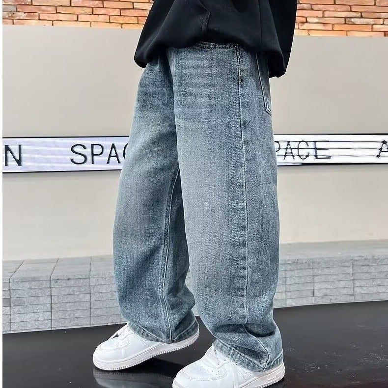 Childrens Handsome Childrens Wear Spring and Autumn Jeans Boys Wide Leg Pants Middle and Big Childrens New Straight Pants Fried Street Thin Wear Blue 