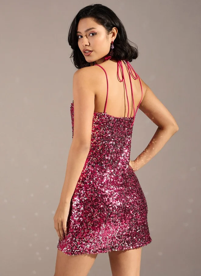 SASSAFRAS Sequin Embellished Halter Neck Dress for Women