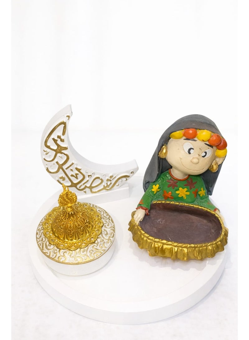 ba9ma Ramadan Décor & Serving Set – 5 Pieces Made of Polyester (Tray, Two-Piece Incense Burner, Crescent Ornament & Basant Character Date Bowl)