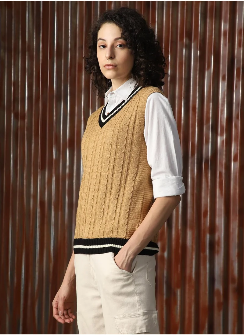 هاي ستار Women's Beige 100% Acrylic Solid Sweater
