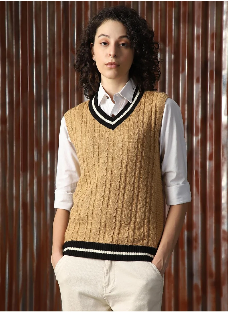 هاي ستار Women's Beige 100% Acrylic Solid Sweater