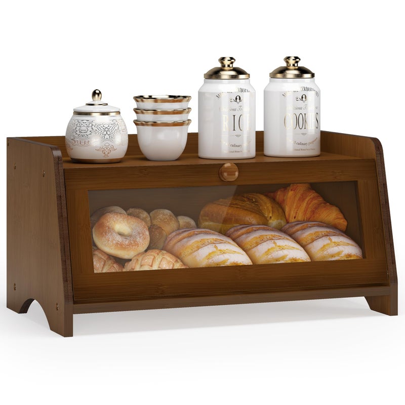 JANSNIMEN Vintage Bread Box for Kitchen Countertop, Large Bread Container Storage, Wooden Farmhouse Bread Box with Window Bread Holder (Brown) - Image 1
