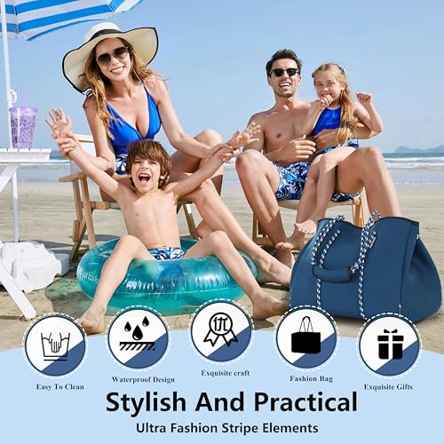 QOGiR Neoprene Multipurpose Beach Bag Tote with Inner Zipper Pocket (Blue, Large) - Image 2