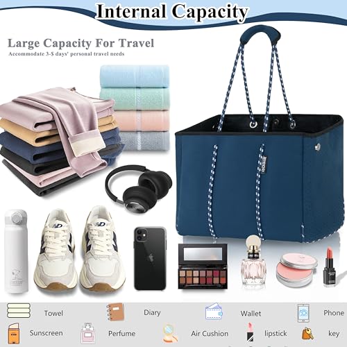 QOGiR Neoprene Multipurpose Beach Bag Tote with Inner Zipper Pocket (Blue, Large) - Image 3