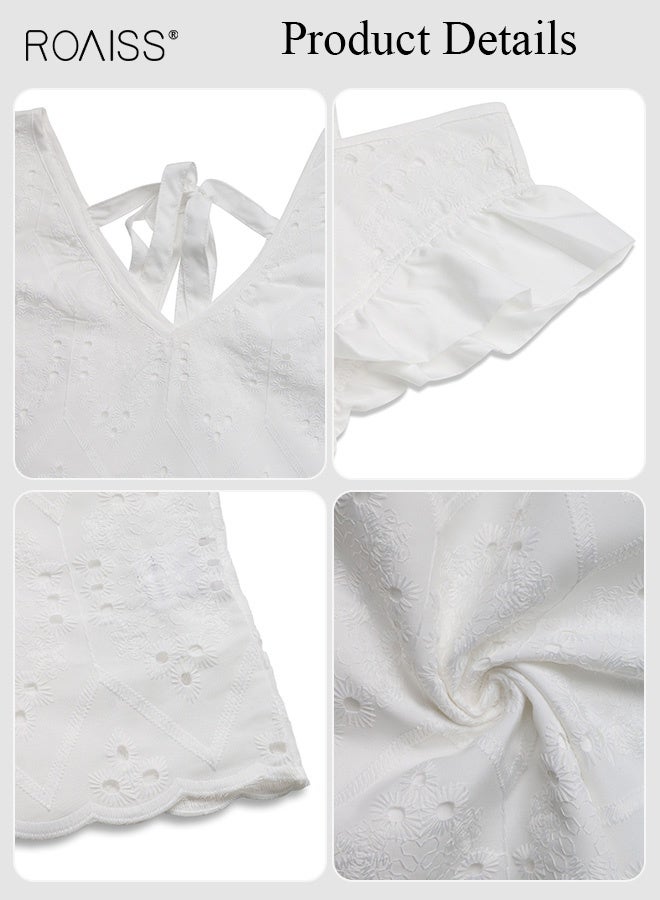 roaiss Trend V-Neck White Blouse for Women with Lotus Leaf Flutter Sleeves Elegant Hollow-Out Back Tie Detail Breathable Top for Women Casual Office Wear  - Image 5