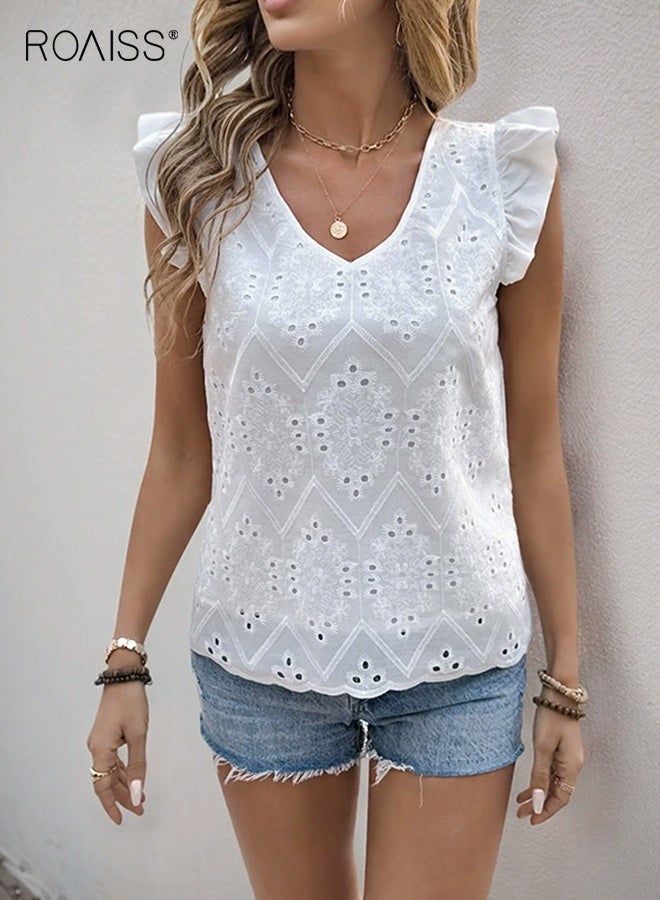 roaiss Trend V-Neck White Blouse for Women with Lotus Leaf Flutter Sleeves Elegant Hollow-Out Back Tie Detail Breathable Top for Women Casual Office Wear  - Image 1