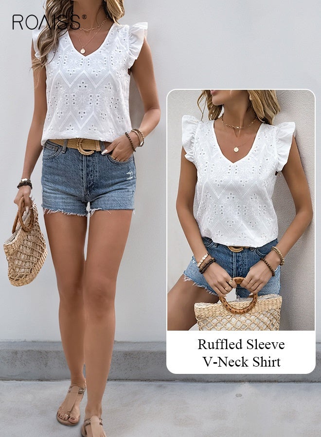 roaiss Trend V-Neck White Blouse for Women with Lotus Leaf Flutter Sleeves Elegant Hollow-Out Back Tie Detail Breathable Top for Women Casual Office Wear  - Image 4