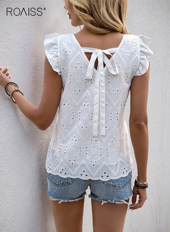 roaiss Trend V-Neck White Blouse for Women with Lotus Leaf Flutter Sleeves Elegant Hollow-Out Back Tie Detail Breathable Top for Women Casual Office Wear  - Image 3