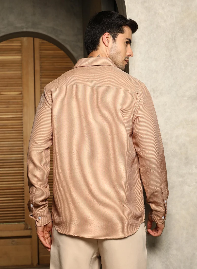 Campus Sutra Men's Ash Brown Seersucker Shirt