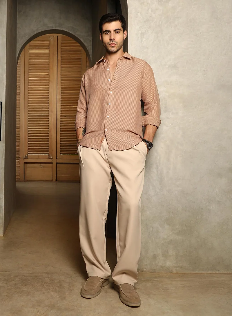 Campus Sutra Men's Ash Brown Seersucker Shirt