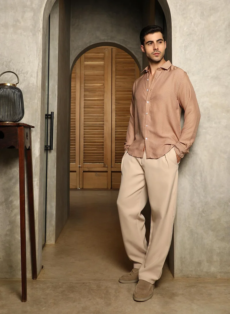 Campus Sutra Men's Ash Brown Seersucker Shirt
