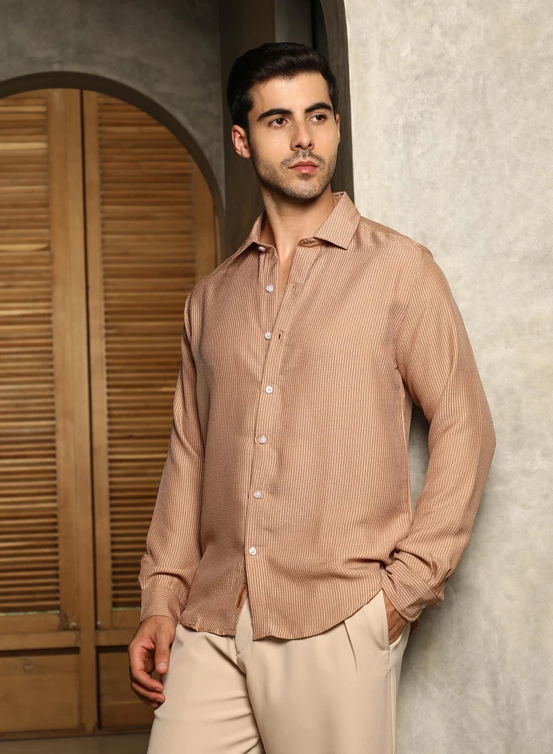 Campus Sutra Men's Ash Brown Seersucker Shirt