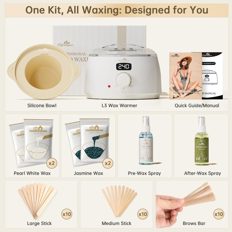 Lifestance Waxing Kit for Women & Men - White L3 Digital Warmer, Silicone Wax Pot Liner, Hair Removal Kit with 14.1oz Hard Wax Beads & Oil Spray, Professional for Home Brazilian Bikini Face Leg Body - Image 3