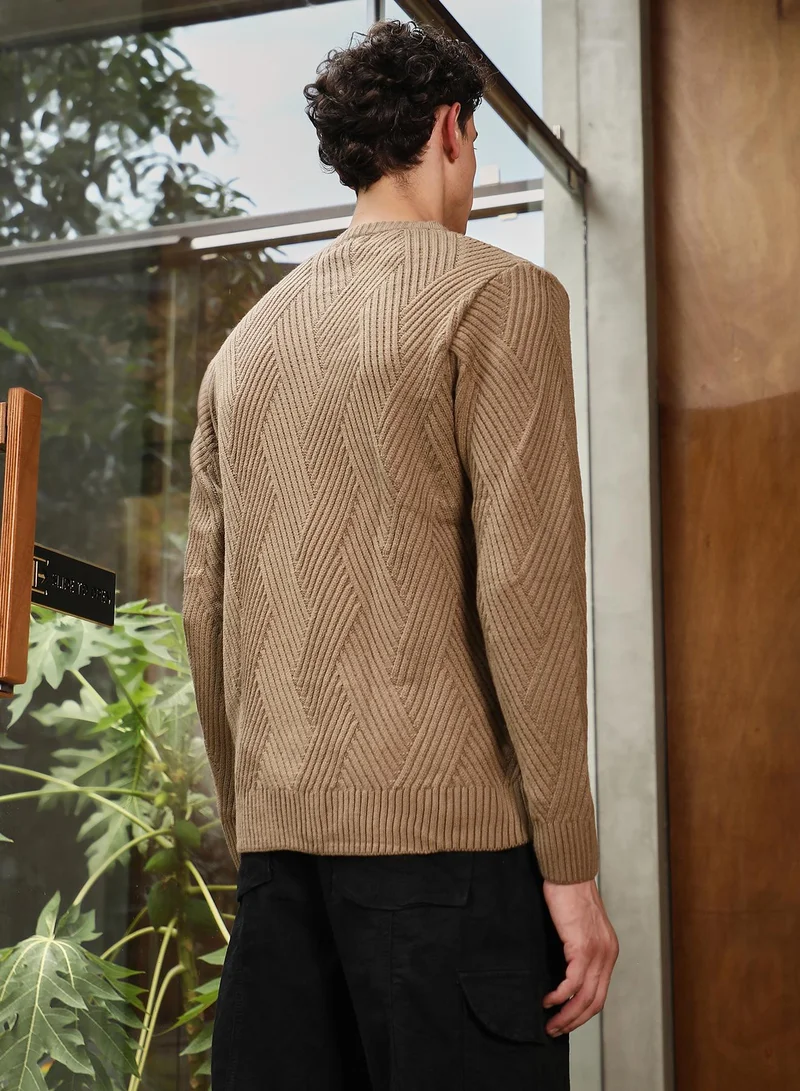 Campus Sutra Campus Sutra Men's Sand Beige Basket-Jacquard Knit Pullover Sweater | Round Neck , Ribbed Cuff Sleeves , Pull On Closure , Ribbed-Straight Hem | Solid Jacquard For Casual & Daily Wear