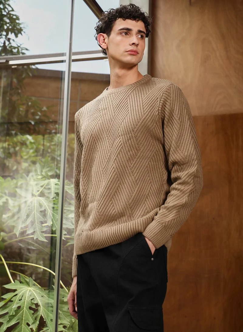 Campus Sutra Campus Sutra Men's Sand Beige Basket-Jacquard Knit Pullover Sweater | Round Neck , Ribbed Cuff Sleeves , Pull On Closure , Ribbed-Straight Hem | Solid Jacquard For Casual & Daily Wear