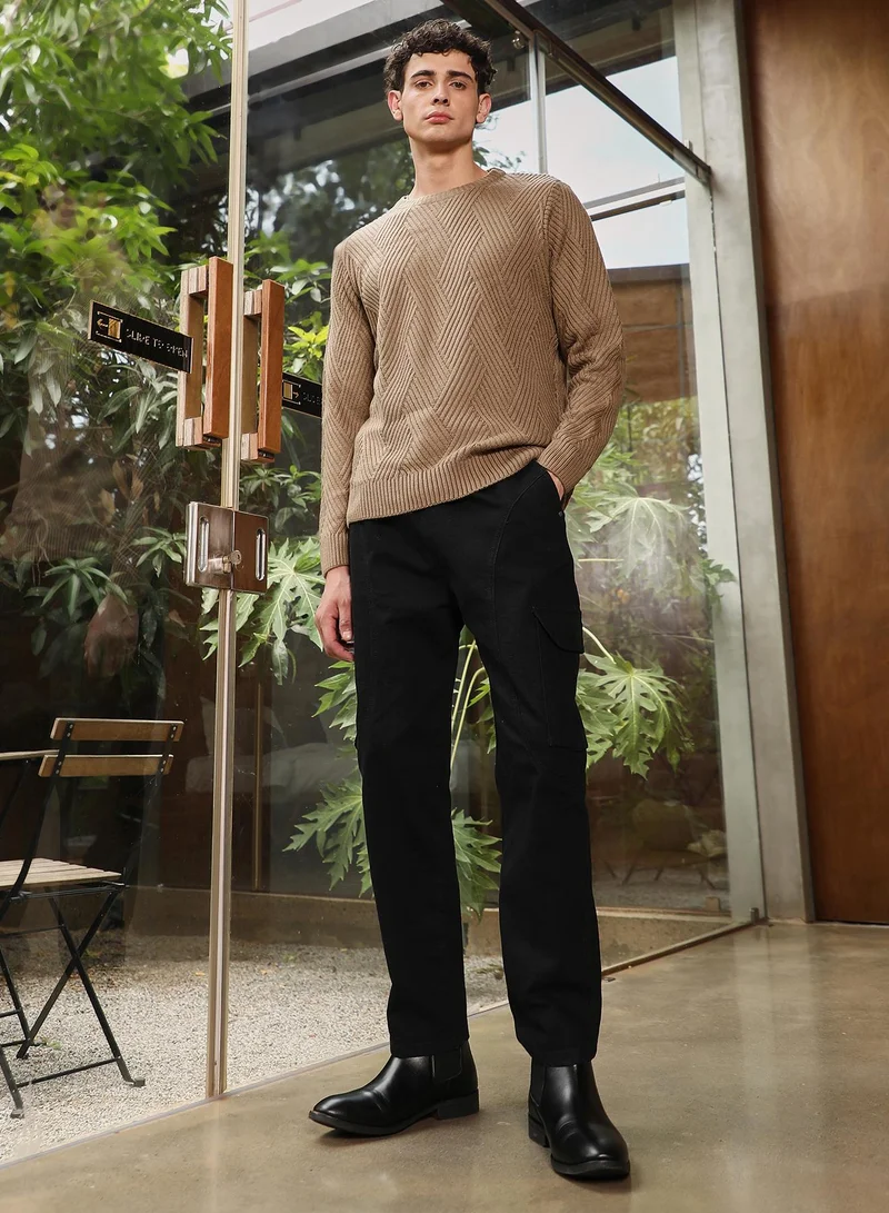 Campus Sutra Campus Sutra Men's Sand Beige Basket-Jacquard Knit Pullover Sweater | Round Neck , Ribbed Cuff Sleeves , Pull On Closure , Ribbed-Straight Hem | Solid Jacquard For Casual & Daily Wear