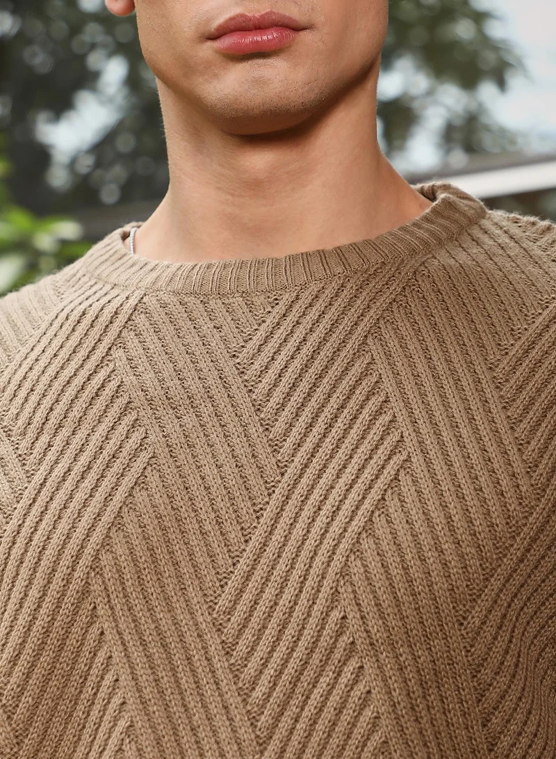 Campus Sutra Campus Sutra Men's Sand Beige Basket-Jacquard Knit Pullover Sweater | Round Neck , Ribbed Cuff Sleeves , Pull On Closure , Ribbed-Straight Hem | Solid Jacquard For Casual & Daily Wear