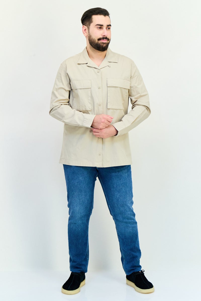 Celio Men Regular Fit Long Sleeve Plain Casual Shirts, Beige - Image 2