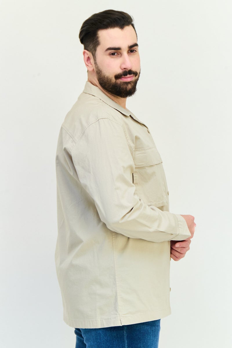 Celio Men Regular Fit Long Sleeve Plain Casual Shirts, Beige - Image 4