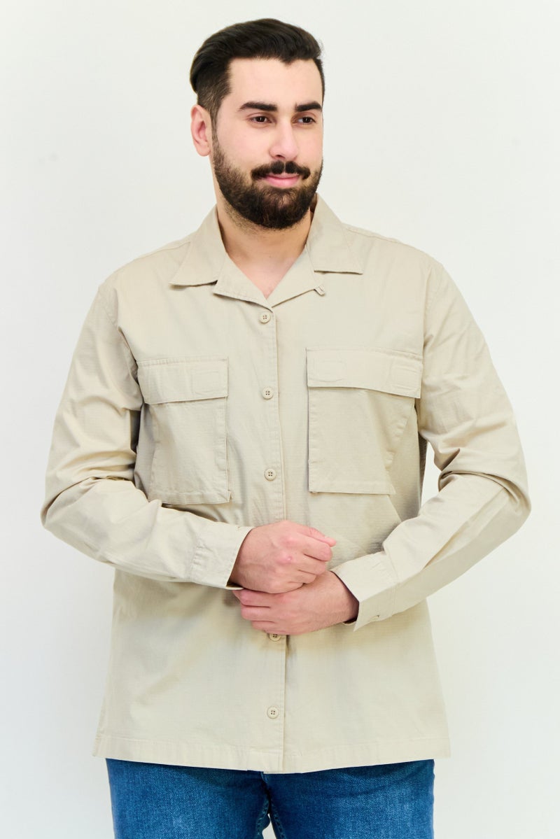 Celio Men Regular Fit Long Sleeve Plain Casual Shirts, Beige - Image 1