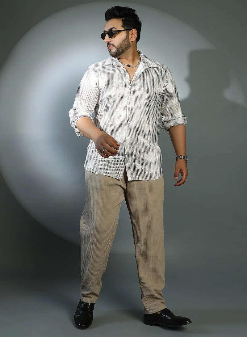 Instafab Plus Instafab Plus Men's Ivory White & Chocolate Brown Prismic-Houndstooth Shirt For Casual Wear | Cuban Collar | Long Sleeves | Button Closure | Plus Size Shirt Crafted With Comfort Fit For Everyday Wear
