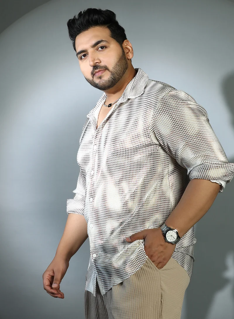Instafab Plus Instafab Plus Men's Ivory White & Chocolate Brown Prismic-Houndstooth Shirt For Casual Wear | Cuban Collar | Long Sleeves | Button Closure | Plus Size Shirt Crafted With Comfort Fit For Everyday Wear