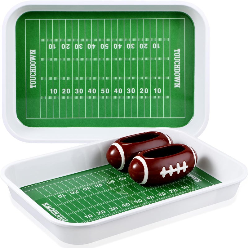 Vesici 4 Pcs Football Stadium Chip and Dip Sports Serving Set with 2 Ceramic Bowls and 2 Melamine Trays for Football Tailgate Decorations - Image 1