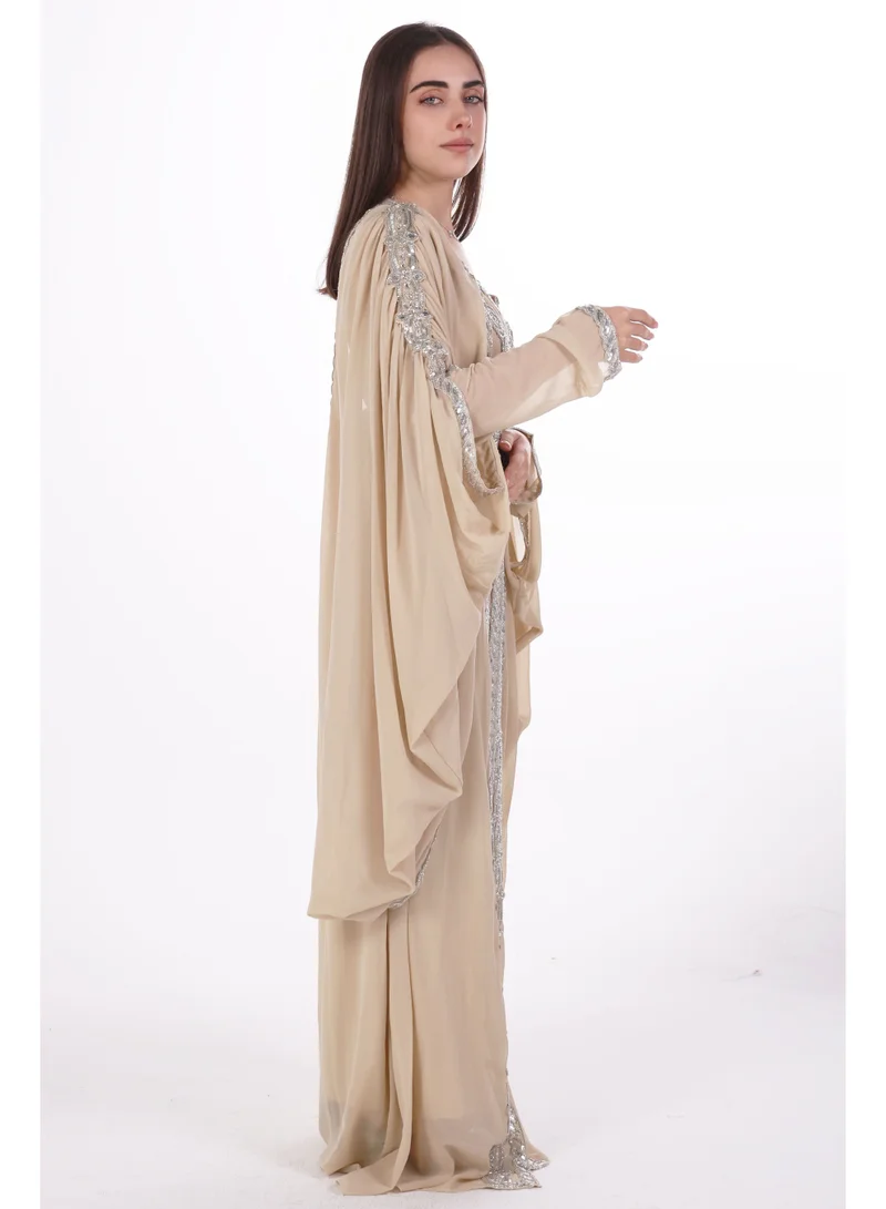 AL BENT AL SHARQIEH beige emboidered chiffon kaftan dress for Women | Best Price UAE