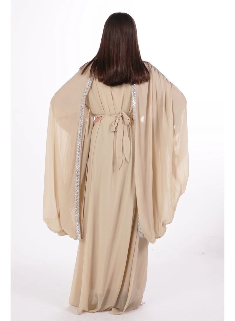 AL BENT AL SHARQIEH beige emboidered chiffon kaftan dress for Women | Best Price UAE