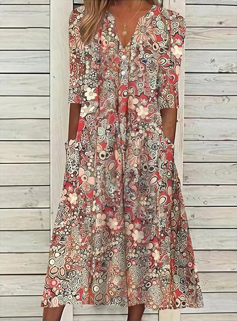 Floral Print V-Neck Casual Dress with Pockets - Image 4