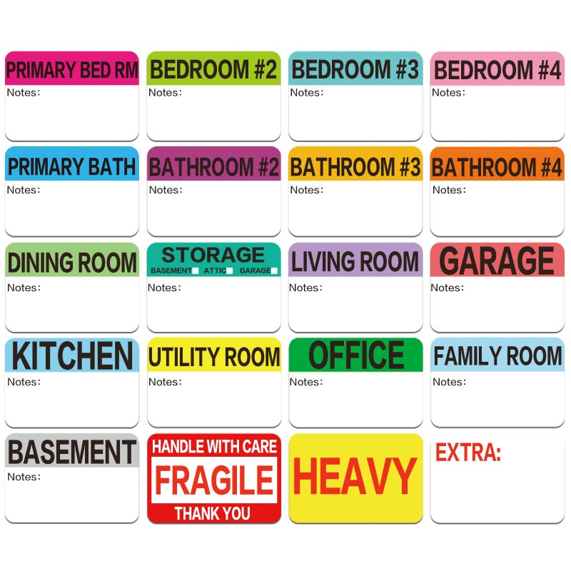 Lrogoe 600 Count 3 x 2 Large Home Moving Packing Box Labels for 3-4 Bedroom House with Writable Notes Areas, 17 Color Coded Moving Labels for Boxes + Fragile Moving Stickers + Heavy and Blank Labels - Image 1