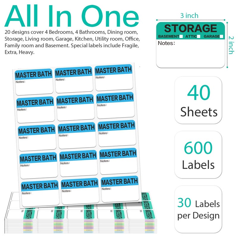 Lrogoe 600 Count 3 x 2 Large Home Moving Packing Box Labels for 3-4 Bedroom House with Writable Notes Areas, 17 Color Coded Moving Labels for Boxes + Fragile Moving Stickers + Heavy and Blank Labels - Image 2