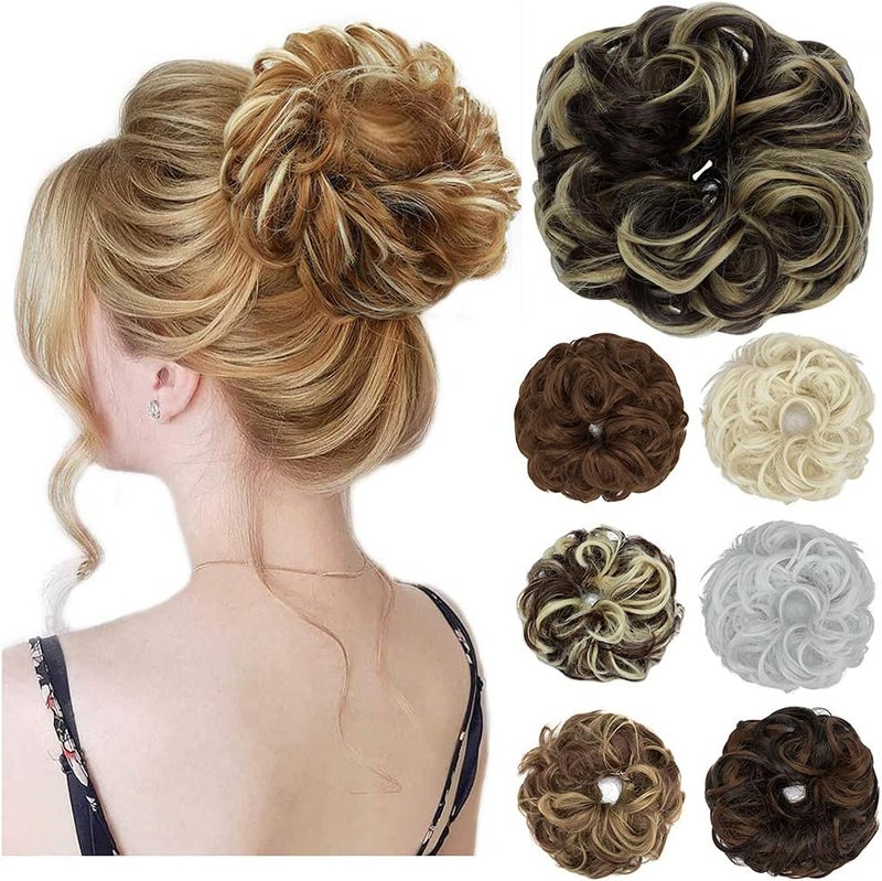 OMGREAT 1Pack Messy Hair Bun Scrunchies Extension Curly Wavy Fake Hair Buns Synthetic Chignon for Women Updo Hairpiece Dark Brown Mix Ash Blonde